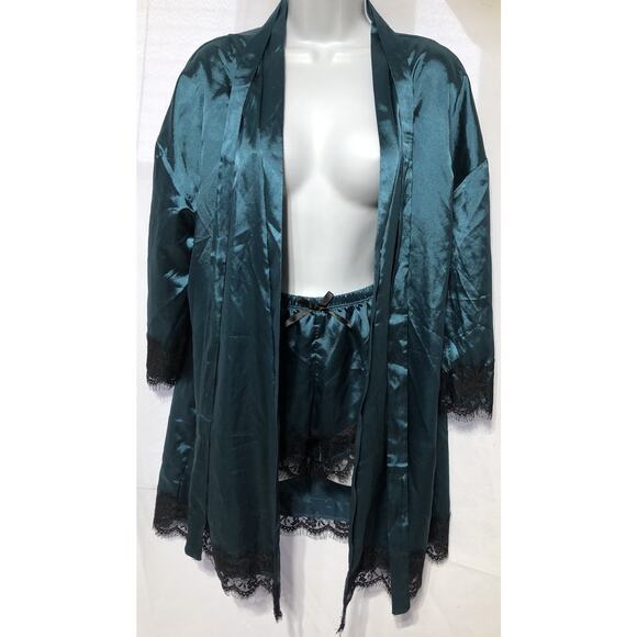 Satin Silky Teal & black Lace Robe & Shorts Set Large Lingerie Nightwear Kimono - Picture 1 of 6